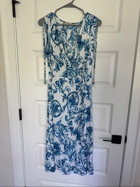 LOFT White and Blue Floral midi Dress
